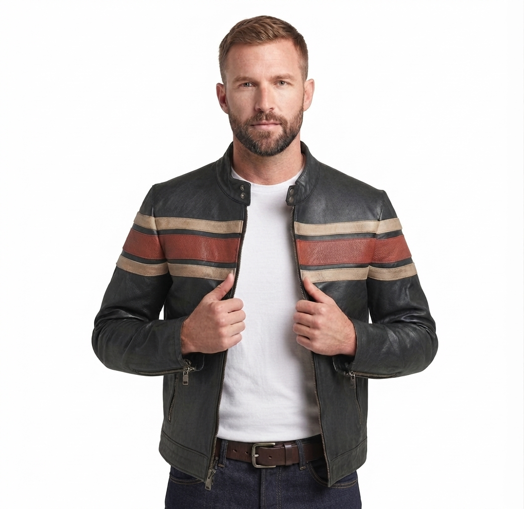 03 (4) Men’s 999 Vintage Striped Leather Biker Jacket - Image 1