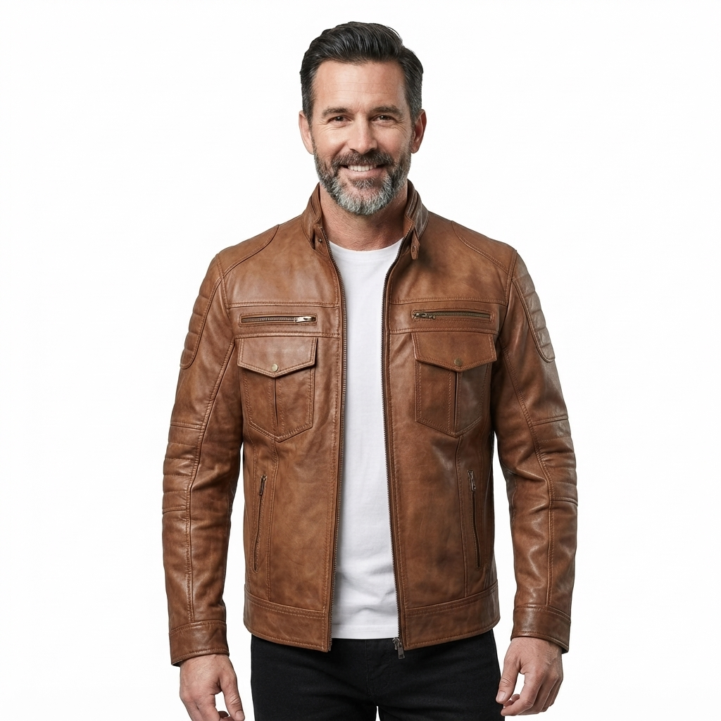 04 (4) Men’s CR-01 Vintage Brown Multi-Pocket Leather Jacket - Image 1