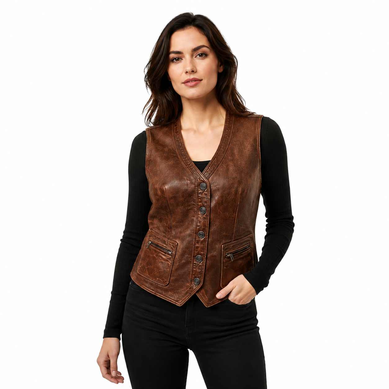 ChatGPT Image Aug 11, 2026, 11_01_22 PM Women’s Vintage Brown Leather Vest – Classic Button-Up Waistcoat - Image 1