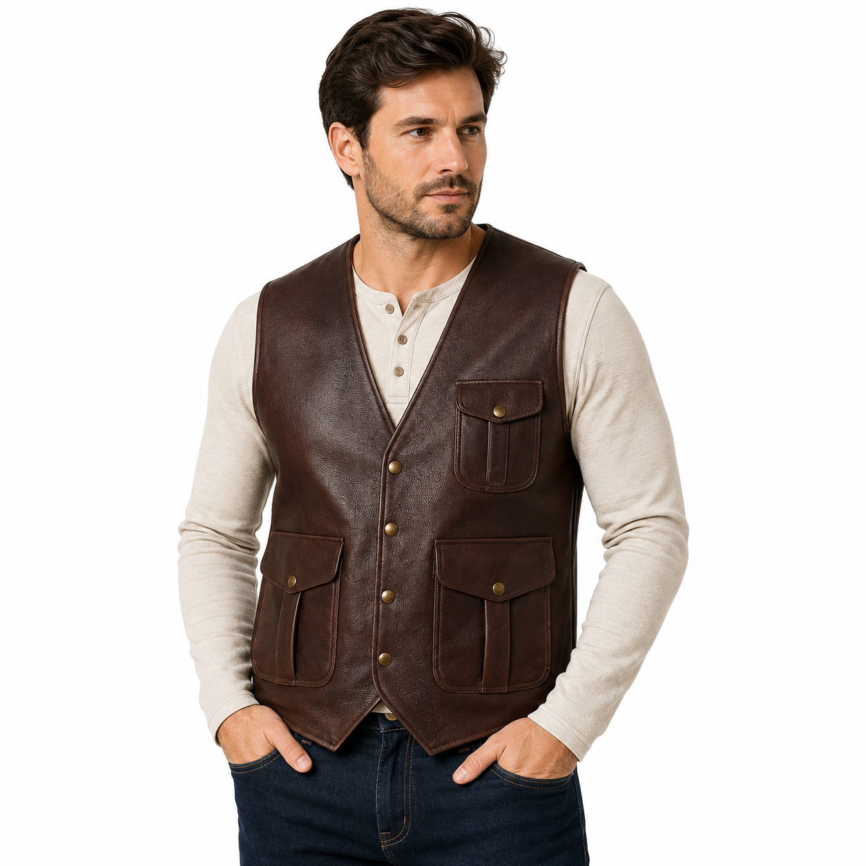 ChatGPT Image Aug 11, 2026, 11_47_57 PM Men’s Premium Brown Leather Vest – Classic Multi-Pocket Design - Image 1
